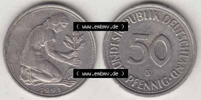 1950-2001, 50 Pfennig Bundesrepublik Deutschland Karlsruhe 1991 G Sammlung