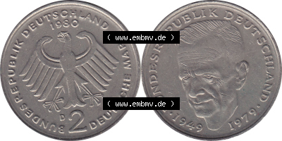 1979-1993, 2 DM, Deutsche Mark Kurt Schumacher 1980 D Sammlung