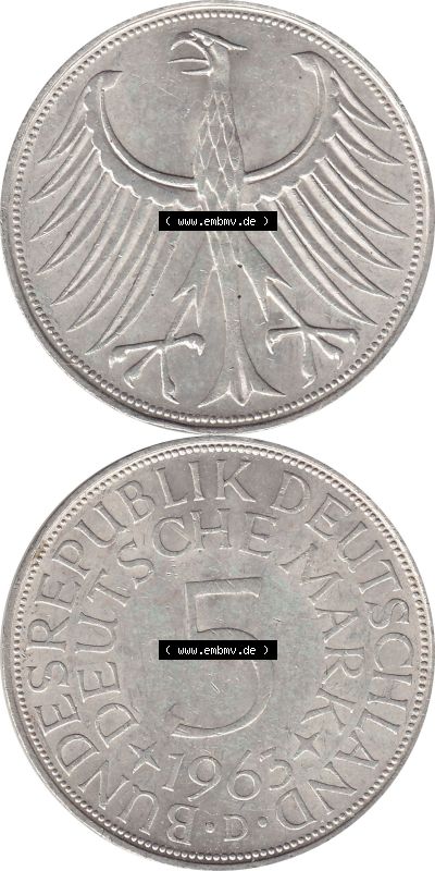 1951-1974, 5 DM aus Deutschland, 5 Deutsche Mark Silberadler, Heiermann 1963 Münzzeichen / Mzz. "D" für München Sammlung