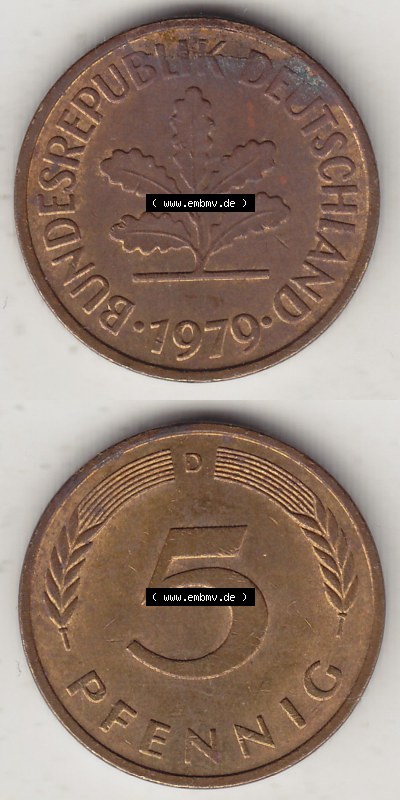 BRD Münzen 5 Pf., Umlaufmünze 1950-2001, 5 Pfennig, 1979 D-1. Vorderseite und Rückseite vertikal untereinander zusammen auf... Sammlung