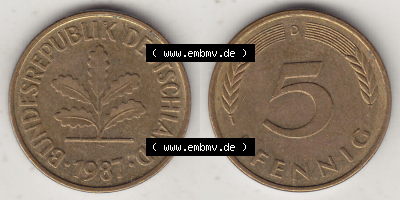 BRD Münzen 5 Pf., Umlaufmünze 1950-2001, 5 Pfennig, 1987 D-1. Vorderseite und Rückseite zusammen auf einen Bild / Foto für... Sammlung