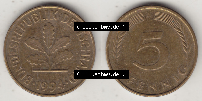 BRD Münzen 5 Pf., Umlaufmünze 1990-2001, 5 Pfennig, 1994 A-1. Vorderseite und Rückseite zusammen auf einen Bild / Foto für... Sammlung