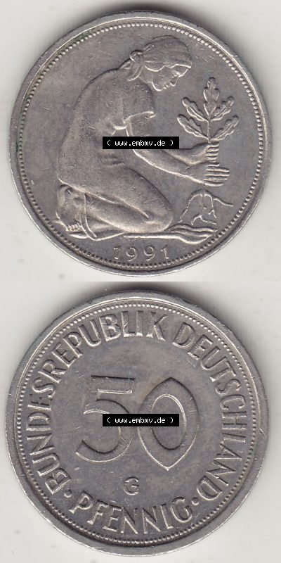 1950-2001, 50 Pfennig Bundesrepublik Deutschland Karlsruhe 1991 G Sammlung