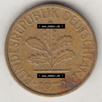BRD Münzen 5 Pf., Umlaufmünze 1950-2001, 5 Pfennig, 1972 G-1. Vorderseite einer 5 Pfennig G, Mzz. G für Karlsruhe - Münze... Sammlung