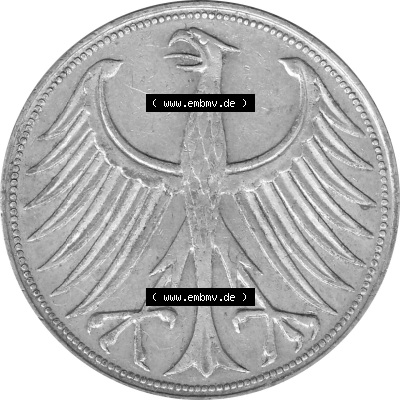 1951-1974, 5 DM aus Deutschland, 5 Deutsche Mark Silberadler, Heiermann 1957 Münzzeichen / Mzz. "F" für Stuttgart Sammlung