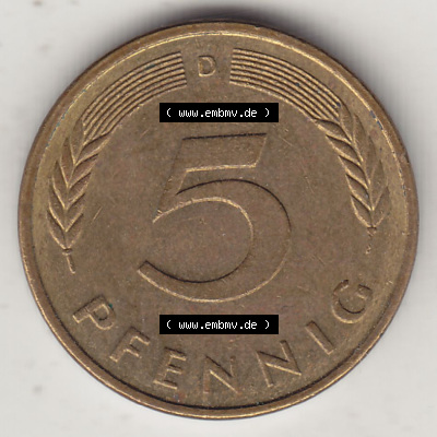 BRD Münzen 5 Pf., Umlaufmünze 1950-2001, 5 Pfennig, 1987 D-1. Rückseite einer 5 Pfennig D, Mzz. D für München - Münze aus... Sammlung