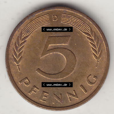 BRD Münzen 5 Pf., Umlaufmünze 1950-2001, 5 Pfennig, 1979 D-1. Rückseite einer 5 Pfennig D, Mzz. D für München - Münze aus... Sammlung
