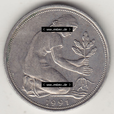 1950-2001, 50 Pfennig Bundesrepublik Deutschland Karlsruhe 1991 G Sammlung