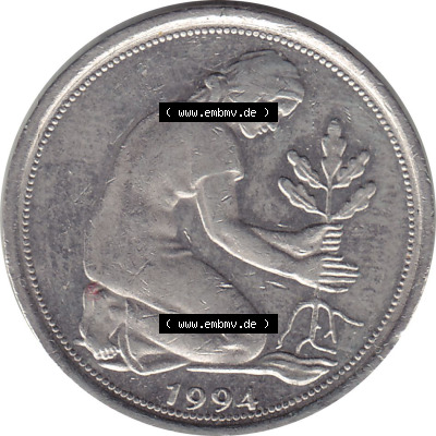 1950-2001, 50 Pfennig BRD Deutschland 1994 Stuttgart Mzz. F Sammlung