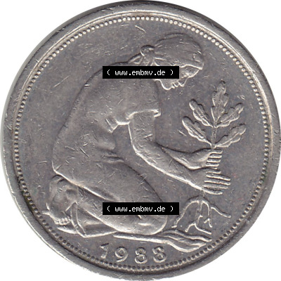 1950-2001, 50 Pfennig BRD Deutschland 1988 Stuttgart Mzz. F Sammlung