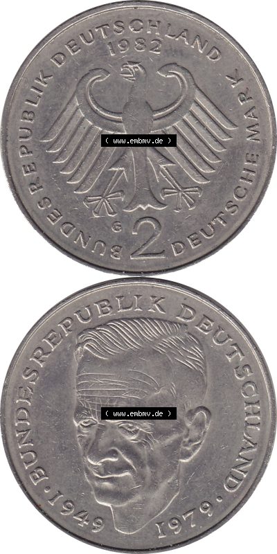 1979-1993, 2 DM, Deutsche Mark Kurt Schumacher Deutschland 1982 G Sammlung