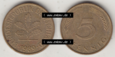BRD Münzen 5 Pf., Umlaufmünze 1950-2001, 5 Pfennig, 1989 J-1. Vorderseite und Rückseite zusammen auf einen Bild / Foto für... Sammlung