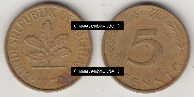 BRD Münzen 5 Pf., Umlaufmünze 1950-2001, 5 Pfennig, 1972 G-1. Vorderseite und Rückseite zusammen auf einen Bild / Foto für... Sammlung