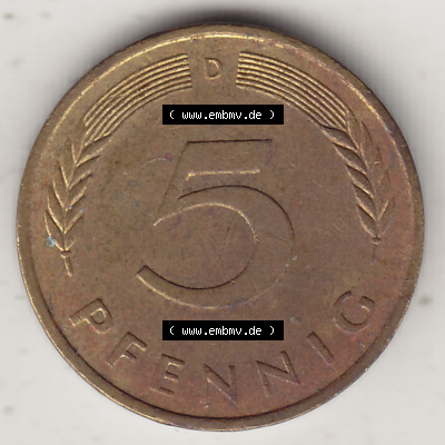 BRD Münzen 5 Pf., Umlaufmünze 1950-2001, 5 Pfennig, 1989 D-1. Rückseite einer 5 Pfennig D, Mzz. D für München - Münze aus... Sammlung