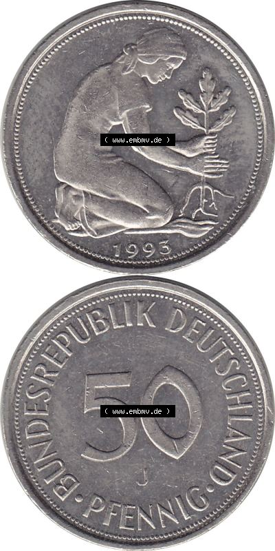 1950-2001, 50 Pfennig BRD Deutschland 1993 Mzz. Hamburg J Sammlung