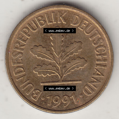 BRD Münzen 5 Pf., Umlaufmünze 1950-2001, 5 Pfennig, 1991 D-1. Vorderseite einer 5 Pfennig D, Mzz. D für München - Münze aus... Sammlung