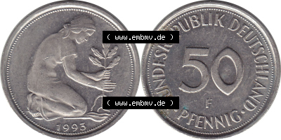 1950-2001, 50 Pfennig BRD Deutschland 1993 Stuttgart Mzz. F Sammlung