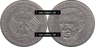 1979-1993, 2 DM, Deutsche Mark Kurt Schumacher Deutschland 1982 G Sammlung