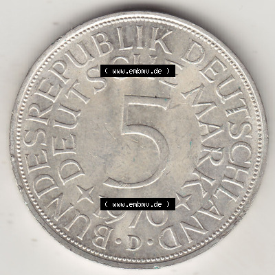 BRD Münzen Silbermünze 1951-1974, 5 DM, 5 Deutsche Mark Silberadler, Heiermann 1970 Münzzeichen / Mzz. "D" für München -... Sammlung