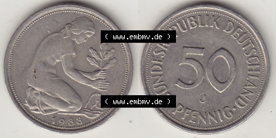 1950-2001, 50 Pfennig BRD Deutschland 1988 J Sammlung