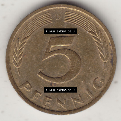 BRD Münzen 5 Pf., Umlaufmünze 1950-2001, 5 Pfennig, 1972 D-1. Rückseite einer 5 Pfennig D, Mzz. D für München - Münze aus... Sammlung