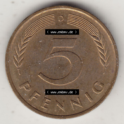 BRD Münzen 5 Pf., Umlaufmünze 1950-2001, 5 Pfennig, 1989 D-2. Rückseite einer 5 Pfennig D, Mzz. D für München - Münze aus... Sammlung