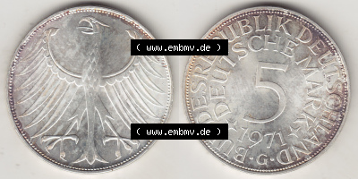 BRD Münzen Silbermünze 1951-1974, 5 DM, 5 Deutsche Mark Silberadler, Heiermann 1971 Münzzeichen / Mzz. "G" für Karlsruhe'... Sammlung