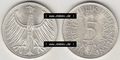 BRD Münzen Silbermünze 1951-1974, 5 DM, 5 Deutsche Mark Silberadler, Heiermann 1970 Münzzeichen / Mzz. "D" für München -... Sammlung