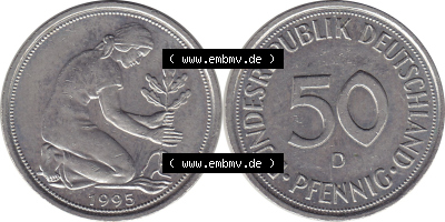 1950-2001, 50 Pfennig BRD Deutschland 1995 München mit Mzz. D Sammlung