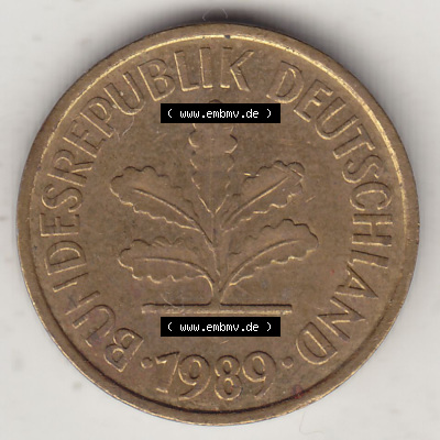 BRD Münzen 5 Pf., Umlaufmünze 1950-2001, 5 Pfennig, 1989 D-1. Vorderseite einer 5 Pfennig D, Mzz. D für München - Münze aus... Sammlung