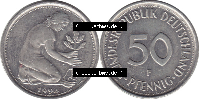 1950-2001, 50 Pfennig BRD Deutschland 1994 Stuttgart Mzz. F Sammlung
