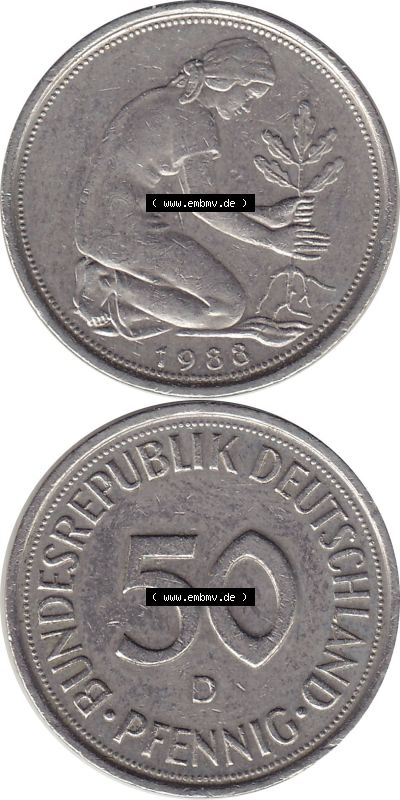 1950-2001, 50 Pfennig BRD Deutschland 1988 München mit Mzz. D Sammlung
