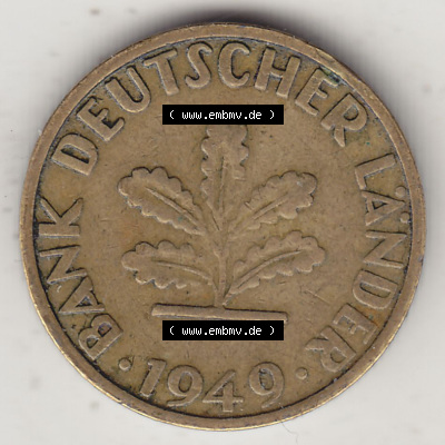 BRD Münzen 5 Pf., Umlaufmünze 1949-1949, 5 Pfennig, 1949 F-1. Vorderseite einer 5 Pfennig F, Mzz. F für Stuttgart - Münze... Sammlung