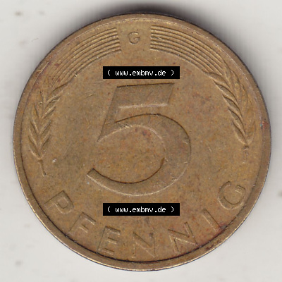 BRD Münzen 5 Pf., Umlaufmünze 1950-2001, 5 Pfennig, 1972 G-1. Rückseite einer 5 Pfennig G, Mzz. G für Karlsruhe - Münze aus... Sammlung