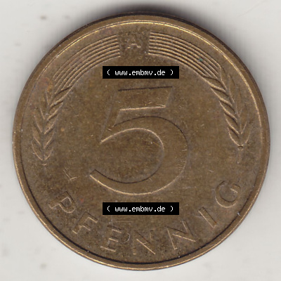 BRD Münzen 5 Pf., Umlaufmünze 1990-2001, 5 Pfennig, 1994 A-1. Rückseite einer 5 Pfennig A, Mzz. A für Berlin - Münze aus... Sammlung