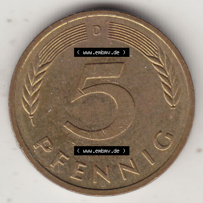 BRD Münzen 5 Pf., Umlaufmünze 1950-2001, 5 Pfennig, 1987 D-2. Rückseite einer 5 Pfennig D, Mzz. D für München - Münze aus... Sammlung