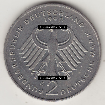 BRD Münzen 2 DM, Gedenkmünze 1990-2001, 2 DM, Deutsche Mark Franz Josef Strauß 1990 G-1. Vorderseite einer 2 DM, 2 Deutsche... Sammlung