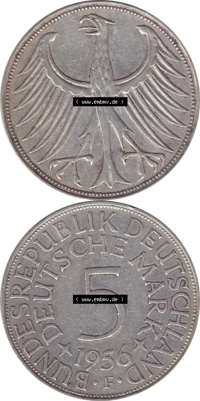 1951-1974, 5 DM aus Deutschland, 5 Deutsche Mark Silberadler, Heiermann 1956 Münzzeichen / Mzz. "F" für Stuttgart Sammlung