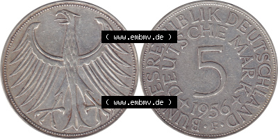 1951-1974, 5 DM aus Deutschland, 5 Deutsche Mark Silberadler, Heiermann 1956 Münzzeichen / Mzz. "F" für Stuttgart Sammlung