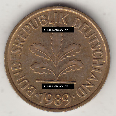 BRD Münzen 5 Pf., Umlaufmünze 1950-2001, 5 Pfennig, 1989 D-2. Vorderseite einer 5 Pfennig D, Mzz. D für München - Münze aus... Sammlung
