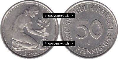 1950-2001, 50 Pfennig BRD Deutschland 1994 Mzz. Hamburg J Sammlung