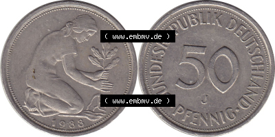 1950-2001, 50 Pfennig BRD Deutschland 1988 Mzz. Hamburg J Sammlung
