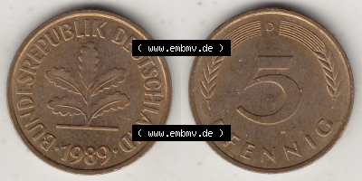 BRD Münzen 5 Pf., Umlaufmünze 1950-2001, 5 Pfennig, 1989 D-2. Vorderseite und Rückseite zusammen auf einen Bild / Foto für... Sammlung