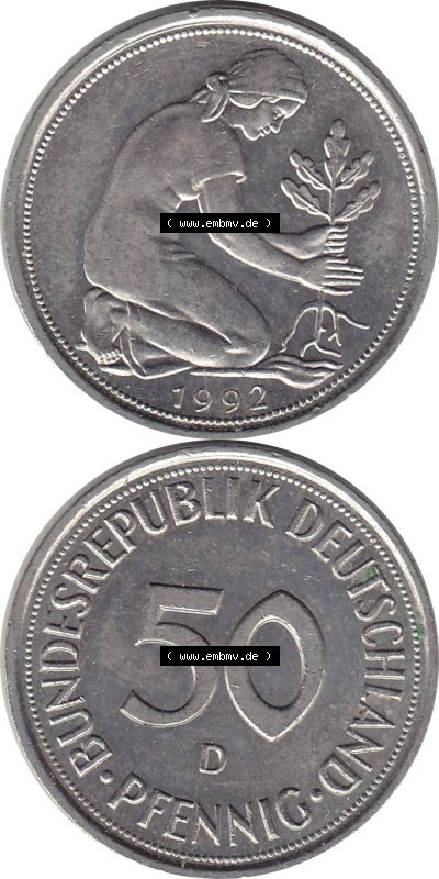 1950-2001, 50 Pfennig BRD Deutschland 1992 München mit Mzz. D Sammlung
