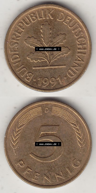 BRD Münzen 5 Pf., Umlaufmünze 1950-2001, 5 Pfennig, 1991 D-1. Vorderseite und Rückseite vertikal untereinander zusammen auf... Sammlung