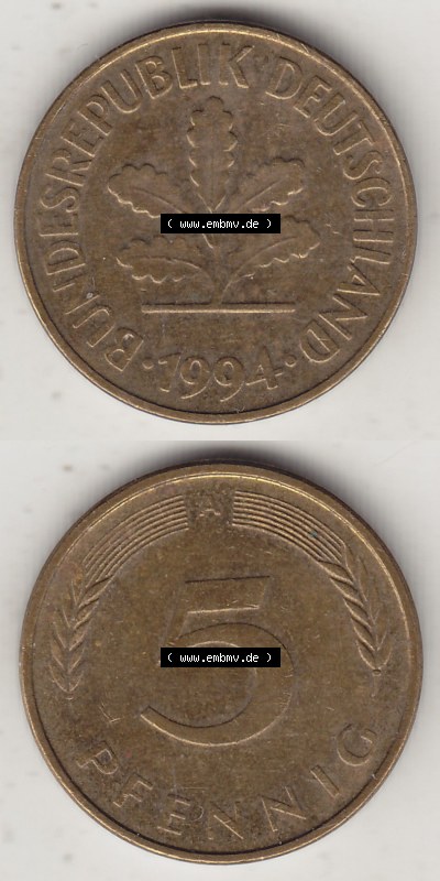 BRD Münzen 5 Pf., Umlaufmünze 1990-2001, 5 Pfennig, 1994 A-1. Vorderseite und Rückseite vertikal untereinander zusammen auf... Sammlung