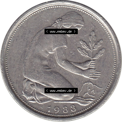 1950-2001, 50 Pfennig BRD Deutschland 1988 München mit Mzz. D Sammlung