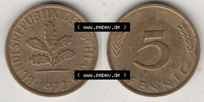 BRD Münzen 5 Pf., Umlaufmünze 1950-2001, 5 Pfennig, 1972 D-1. Vorderseite und Rückseite zusammen auf einen Bild / Foto für... Sammlung