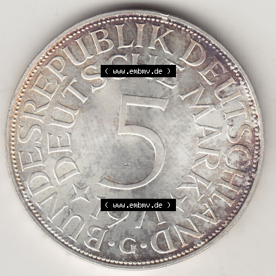BRD Münzen Silbermünze 1951-1974, 5 DM, 5 Deutsche Mark Silberadler, Heiermann 1971 Münzzeichen / Mzz. "G" für Karlsruhe'... Sammlung