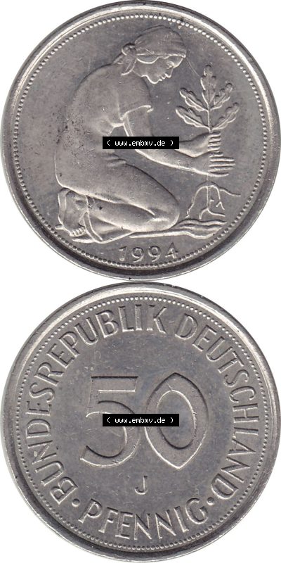 1950-2001, 50 Pfennig BRD Deutschland 1994 Mzz. Hamburg J Sammlung